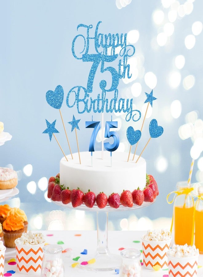 Lecferrarc 75th Birthday Cake Decorations, 75th Birthday Candles Cake Numeral Candles and Glitter Happy 75th Birthday Cake Toppers Set for Birthday Party Supplies (Blue) - Image 3